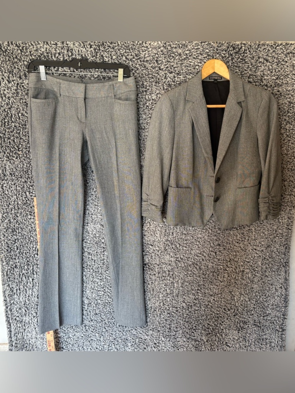 Express Grey Herringbone 2-Piece Suit Set Ruched 3/4 Sleeve Blazer and Trouser P